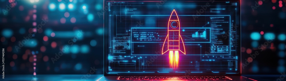 Poster rocket blueprint glowing on a laptop screen with neon accents futuristic tone analogous color scheme