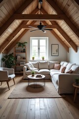 Corner sofa against shelving unit, scandinavian home interior design of modern living room in attic in farmhouse.