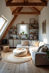 Corner sofa against shelving unit, scandinavian home interior design of modern living room in attic in farmhouse.
