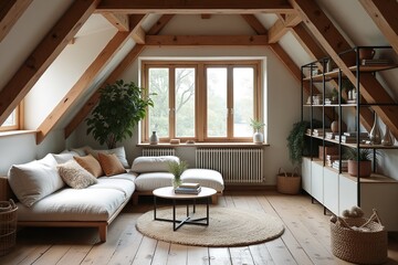 Corner sofa against shelving unit, scandinavian home interior design of modern living room in attic in farmhouse.