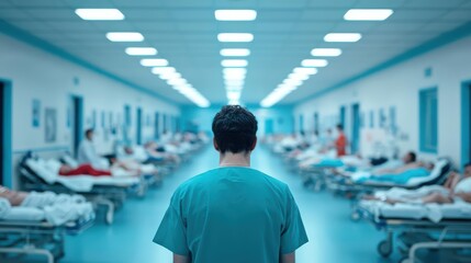 Overcrowded hospital in a pandemic zone, patients on stretchers lining hallways, stark fluorescent lighting, wideangle lens