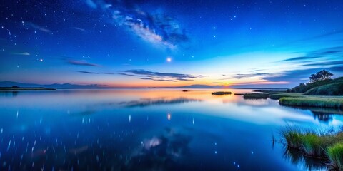 Fototapeta premium Dawn Blues Lagoon Seascape Night Photography, Blue Hour Ocean, Coastal Scene, Dark Sky, Starry Night