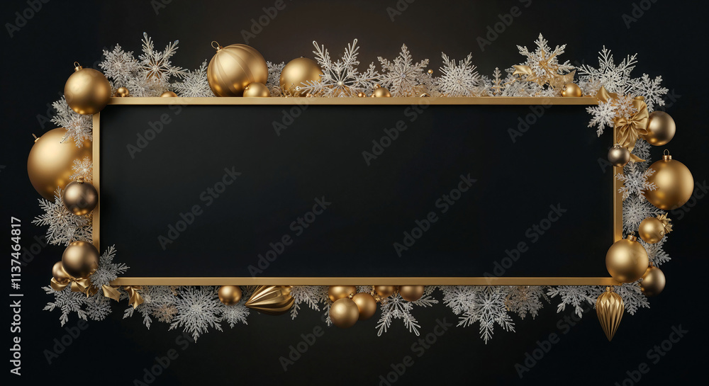 Poster luxury gold decorative frame in new year style with snowflakes and balls, with empty space in the ce