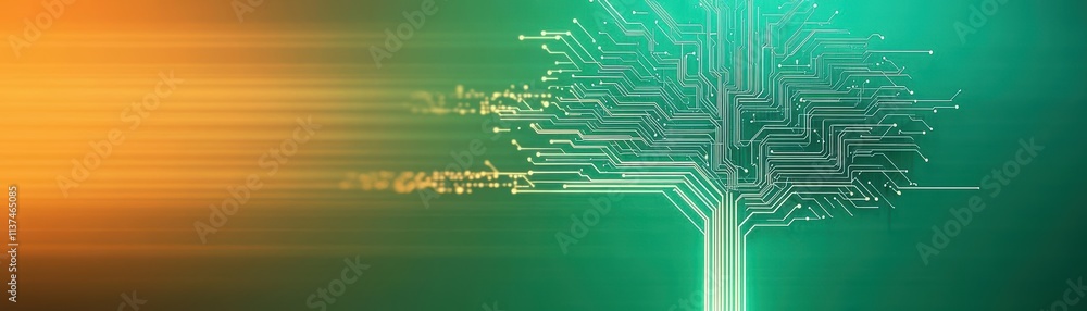 Poster Intricate circuit lines forming the shape of a tree, set against an abstract gradient background of green and orange