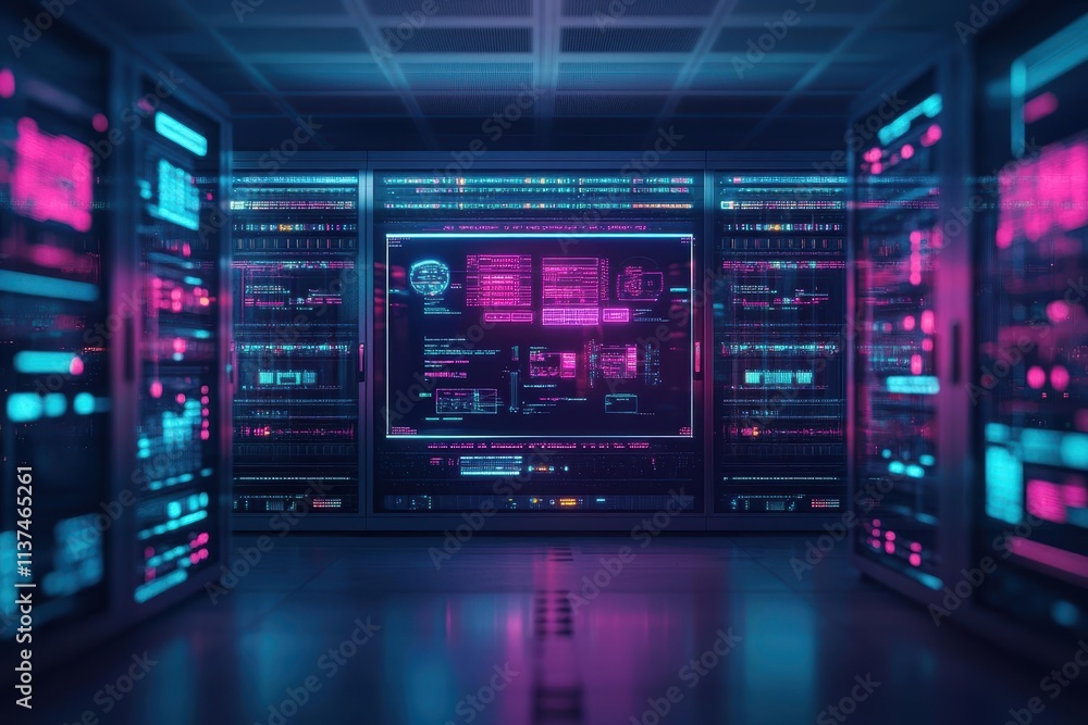 Poster Hightech server room with holographic displays and vibrant digital connections in advanced tone analogous color scheme