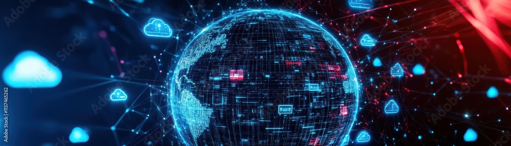 Poster holographic globe showing live data connections in realtime, surrounded by futuristic cloud icons, s