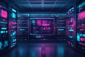 Obraz premium Hightech server room with holographic displays and vibrant digital connections in advanced tone analogous color scheme