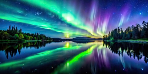 Stunning Northern Lights Reflected on Tranquil Lake at Night - Captivating Candid Photography, Vibrant Natural Colors, Serene Landscape, Astounding Night Sky, High-Quality Image
