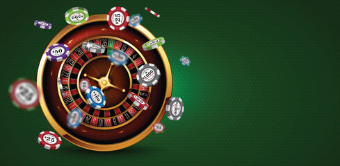 Casino advertising design with a tape measure and casino chips on a green background. 3D vector. High detailed realistic illustration.