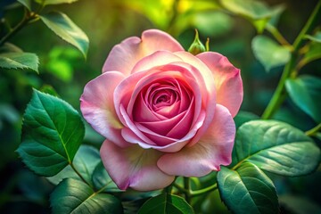 Delicate Pink Rose, Green Leaves, Rule of Thirds Photography, Floral Image, Nature Wallpaper