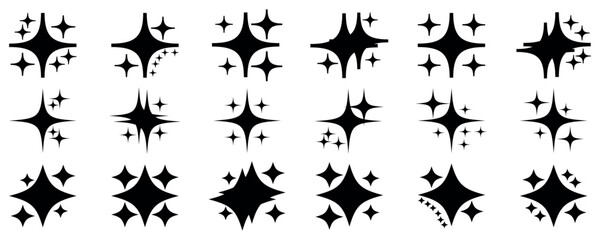 black set of original star sparkle shapes. retro futuristic sparkle icons collection. Vector retro set of futuristic sparkle star icons. star light particles isolated on white background.