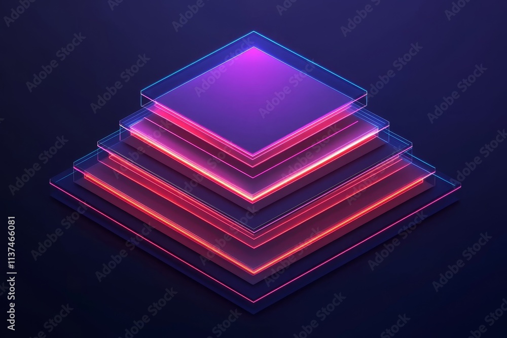 Poster microservices and architect concept. neon layered geometric shapes on a dark background.