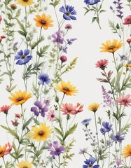 Whimsical watercolor wildflowers adorning a blank white background, delicate petals, lush foliage, artistic expression