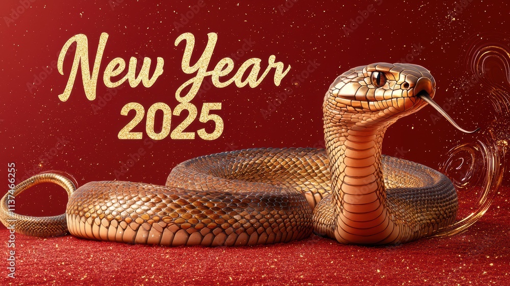 Poster a snake is on a red background with the words new year 2025. generative ai