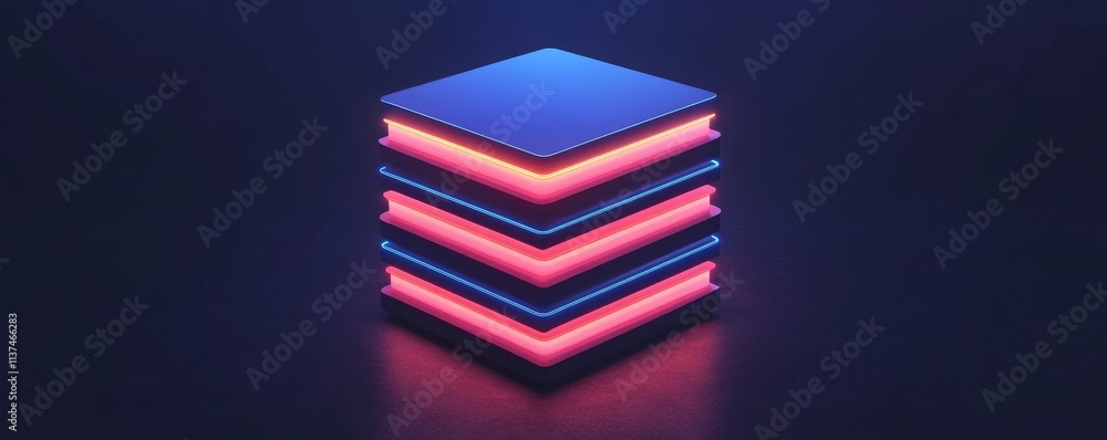Poster microservices and architect concept. neon layered design with glowing edges in dark background
