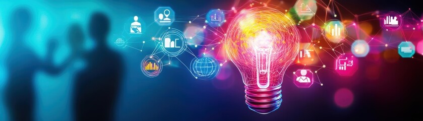 Ethereal abstract space with floating idea icons, individuals interacting, vibrant hues symbolizing creative synergy, conceptual brainstorming, business vision
