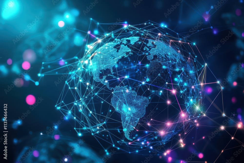 Poster Dynamic digital spheres of light connected by intricate lines representing global networking close up realistic manipulation AI research lab backdrop