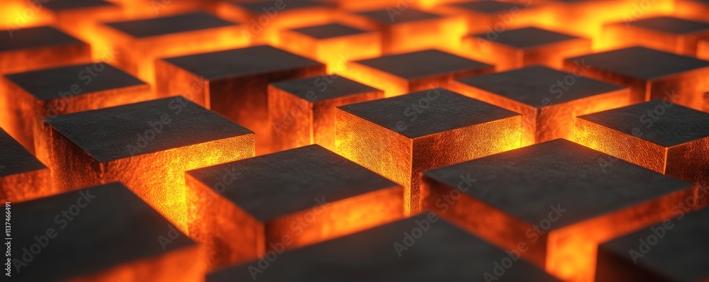 Poster glowing textured surface with illuminated blocks.