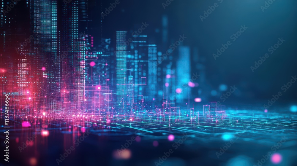 Poster digital city skyline viewed at night with glowing interconnected pathways in side view highlighting 