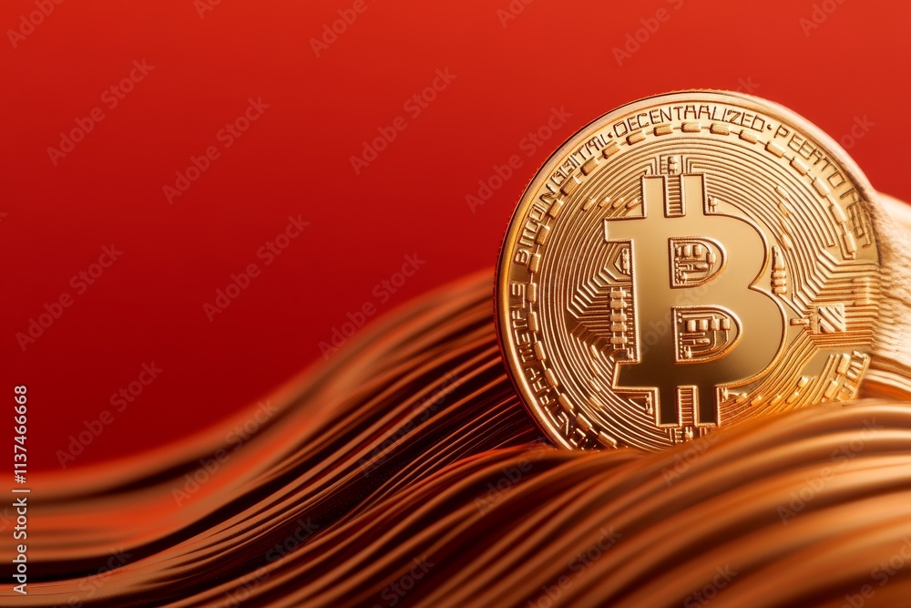 Poster token and volatility concept. golden bitcoin on flowing currency background.
