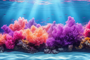 Vibrant coral reef with colorful branching corals and sunbeams underwater.