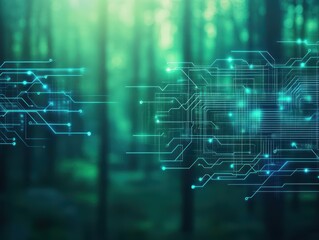 Obraz premium Digital circuits merging with organic patterns symbolizing the fusion of technology and nature selective focus ethereal silhouette futuristic forest backdrop