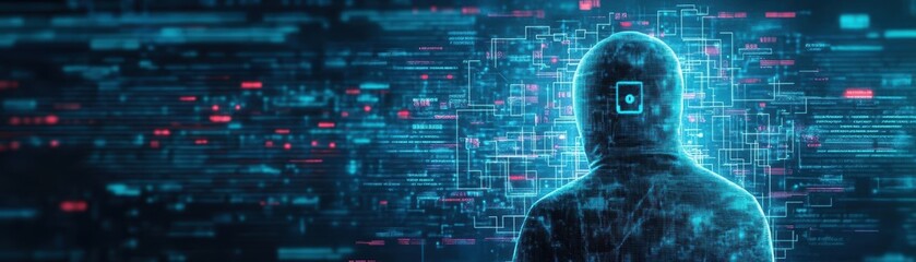 Fototapeta premium Digital representation of a hacker blocked by firewall protections on a social media account online safety scifi tone monochromatic color scheme