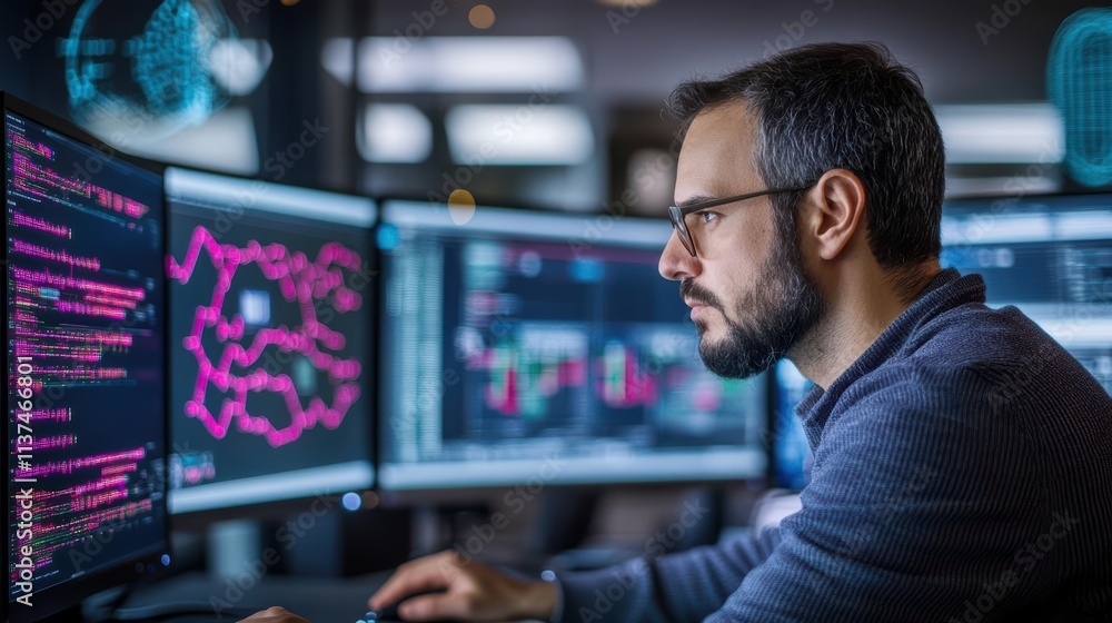 Poster Cybersecurity specialist working in a secure environment, multiple monitors displaying encrypted data, serious and focused atmosphere, Main keyword cybersecurity engineer