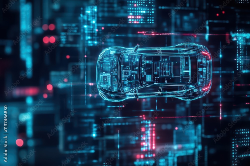 Poster Cybersecurityenhanced AI protecting autonomous vehicles against hacking top view with a networked car visualization technology tone Triadic Color Scheme