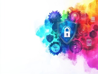 Obraz premium Cybersecurity icons like shields and locks merging with IoT gears, colorful abstract watercolor flow