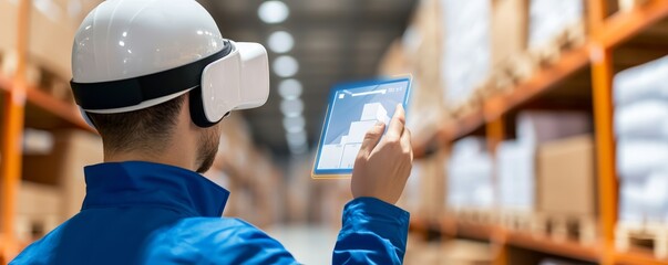 A worker uses virtual reality technology to manage inventory in a warehouse, holding a tablet while wearing a VR headset.