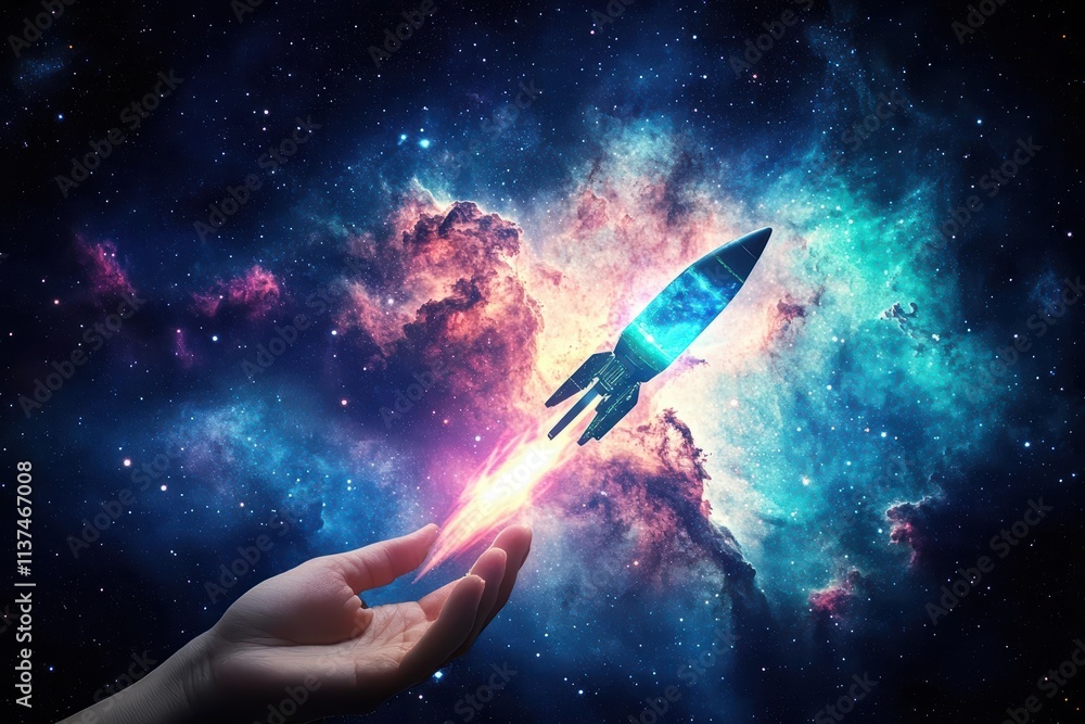 Poster concept art of a holographic rocket projecting from a hand while a detailed nebula forms in the back