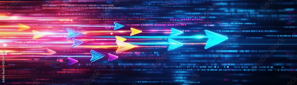 Poster Conceptual design of glowing arrows intersecting with a digital network, symbolizing global business success