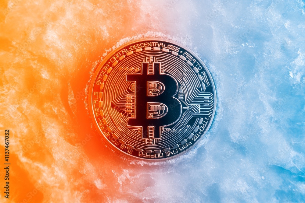 Poster token and volatility concept. bitcoin symbol surrounded by contrasting colors.