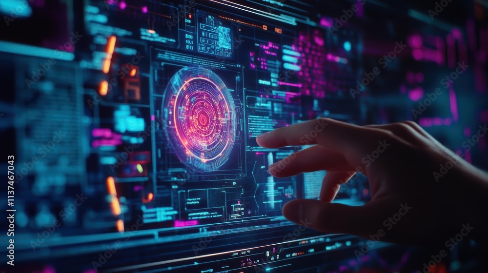 Aufkleber Computer engineer designing futuristic user interfaces, glowing monitors and interactive holographic screens, Main keyword UI design, technology