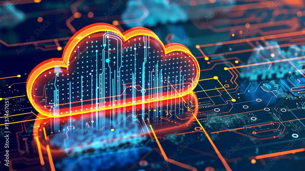 Poster a cloud hovers amidst a complex network, symbolizing the integration of digital technology in modern