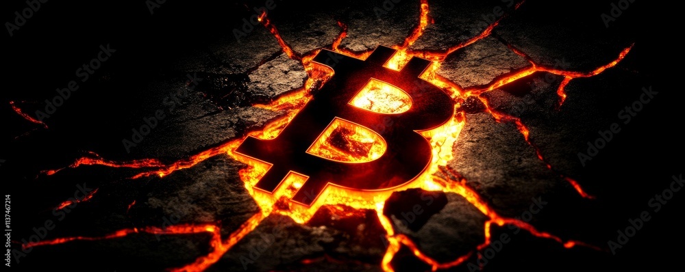 Poster token and volatility concept. burning bitcoin symbol on cracked surface with dark background.