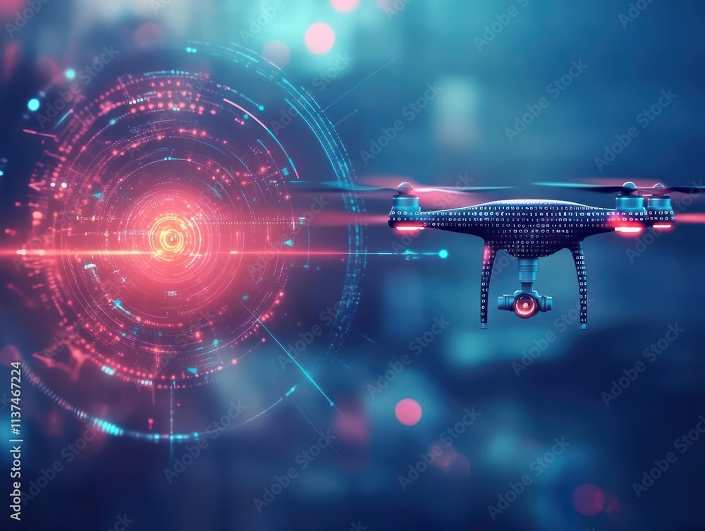 Poster Circular patterns of light and binary symbols representing artificial intelligence networks focus on vibrant composite futuristic drone hub backdrop