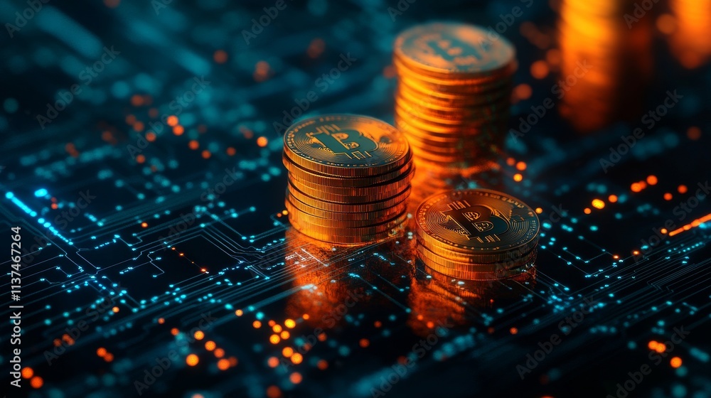 Aufkleber token and volatility concept. digital coins on a circuit board background glowing brightly.