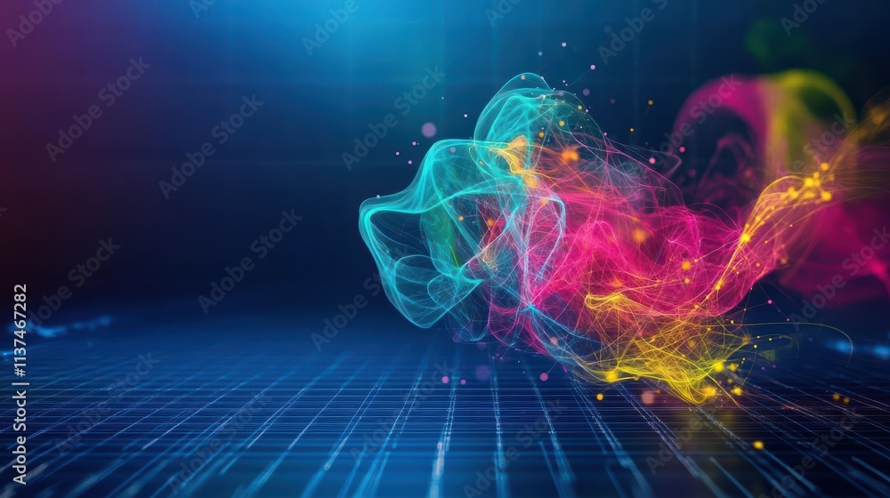 Aufkleber circuit lines intertwining with abstract smokelike shapes in vibrant colors, set on a deep blue digi