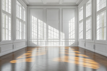 Classic white empty room with sunlight from large windows and wooden floor.