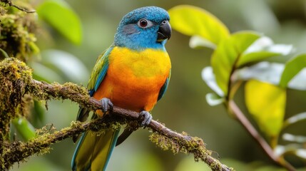 Colorful parrot on mossy branch, lush green background.