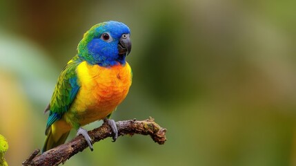 Colorful parrot on branch; blurred green background.  Perched, alert.