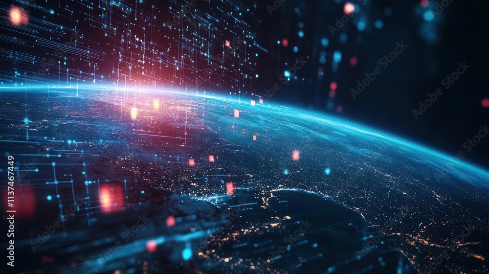 Poster Bright data streams forming geometric patterns symbolizing cloud computing innovations copy space dynamic double exposure satellite image of Earth backdrop