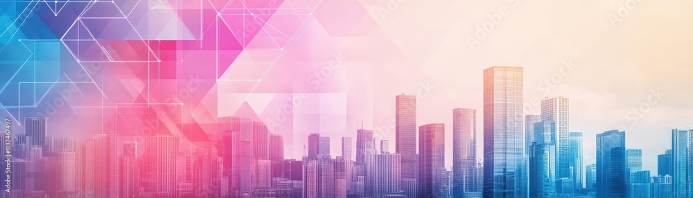 Poster bright geometric shapes forming intricate patterns symbolizing abstract technological connections fo