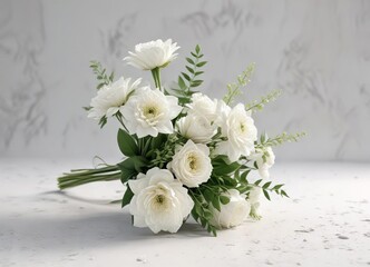 White bouquet with green stems on a white surface, pristine, floral arrangement