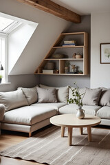 Corner sofa against shelving unit, scandinavian home interior design of modern living room in attic in farmhouse.