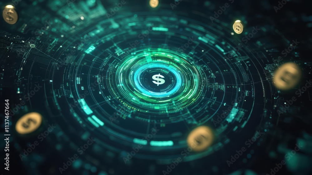 Poster an upward spiraling graph glowing in vivid green and blue hues, surrounded by floating golden dollar