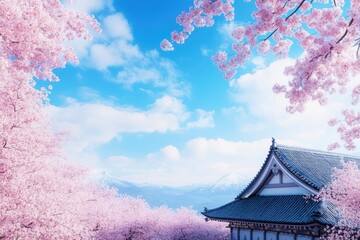 Fototapeta premium Ancient Japanese temple in a VR landscape, cherry blossoms in bloom, tranquil travel experience through technology