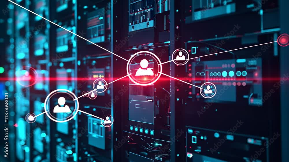 Poster a line of high-tech servers neatly arranged in rows, processing and storing massive amounts of data,